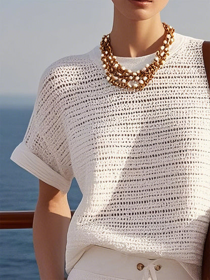 Expédition Rapide en 24h : Ensemble Décontracté en Tricot Blanc à Manches Courtes - Parfait pour vos Vacances!