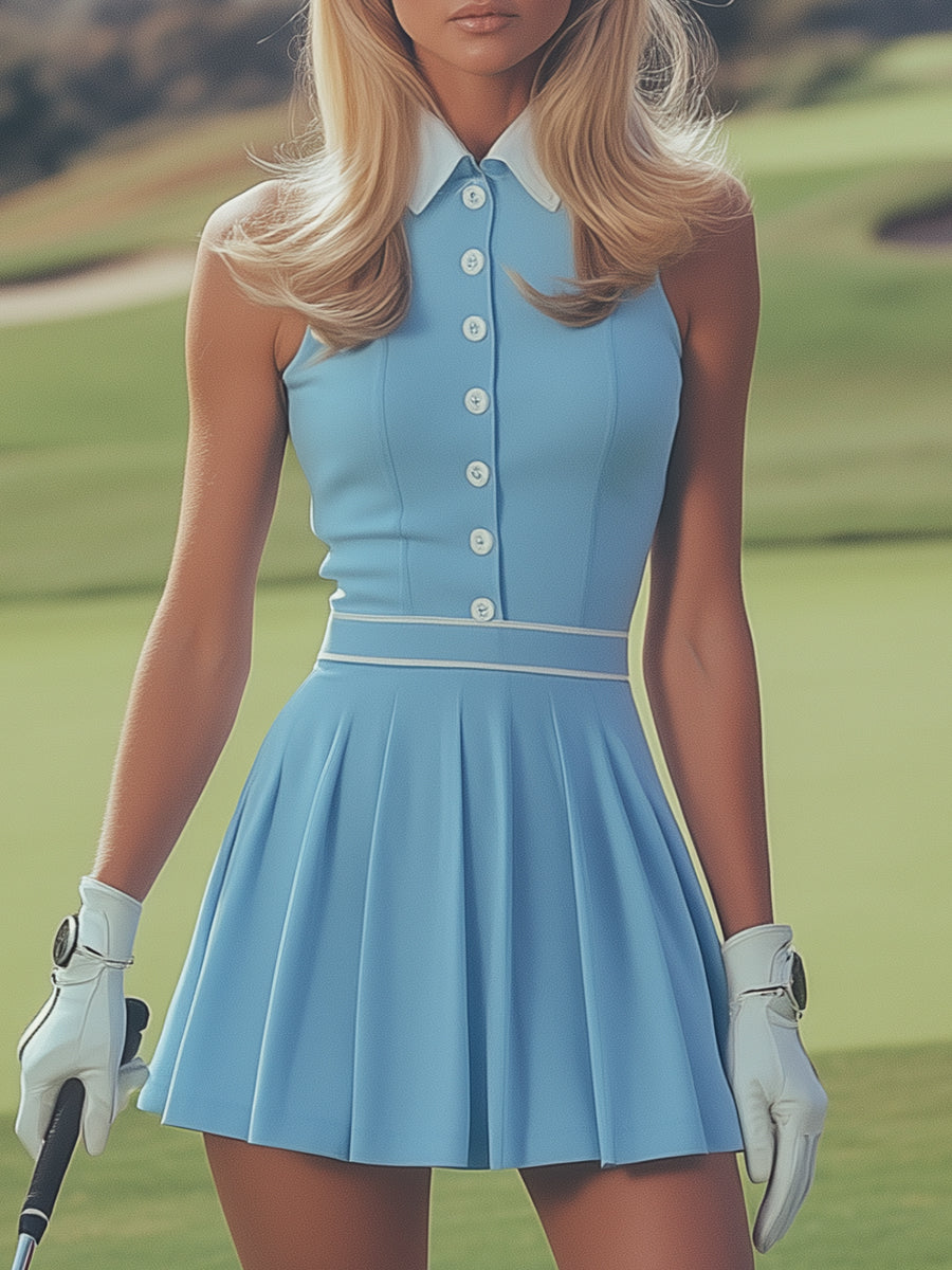 Robe Mini Sans Manches Bleu Bébé avec Détails de Boutons Blancs – Expédition en 24 Heures!