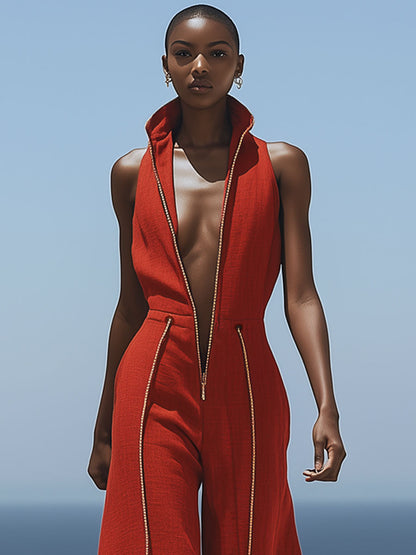 【Livraison en 24h】Salopette sans manches en coton et lin rouge rétro, décontractée avec zip et taille élastique à jambes larges