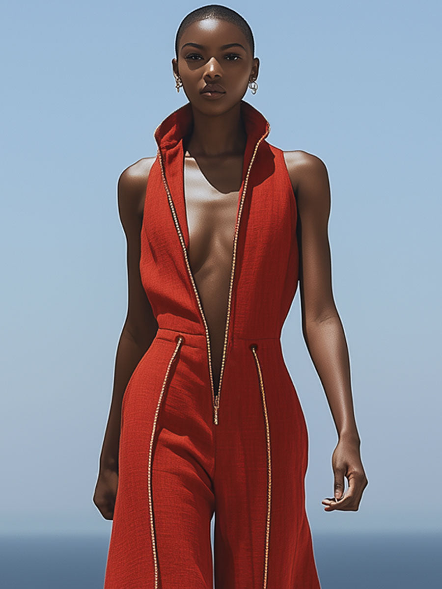 Combinaison Décontractée Rétro en Coton et Lin Rouge - Sans Manches, Fermeture Éclair, Taille Élastique et Jambes Larges - Expédition Rapide en 24 Heures!