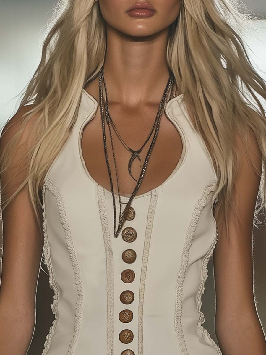 Robe Mini Chic Ouest à Col Rond Blanc avec Franges - Expédition Rapide en 24 Heures!