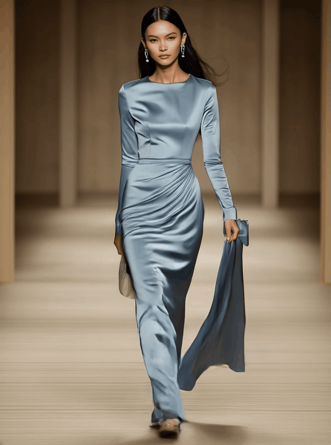 Robe Maxi Longue en Satin Bleu Élégante - Col Ronde, Douceur et Expédition en 24 Heures