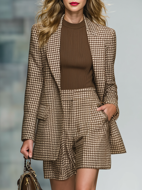 Ensemble Élégant en Houndstooth : Blazer et Shorts Rétro