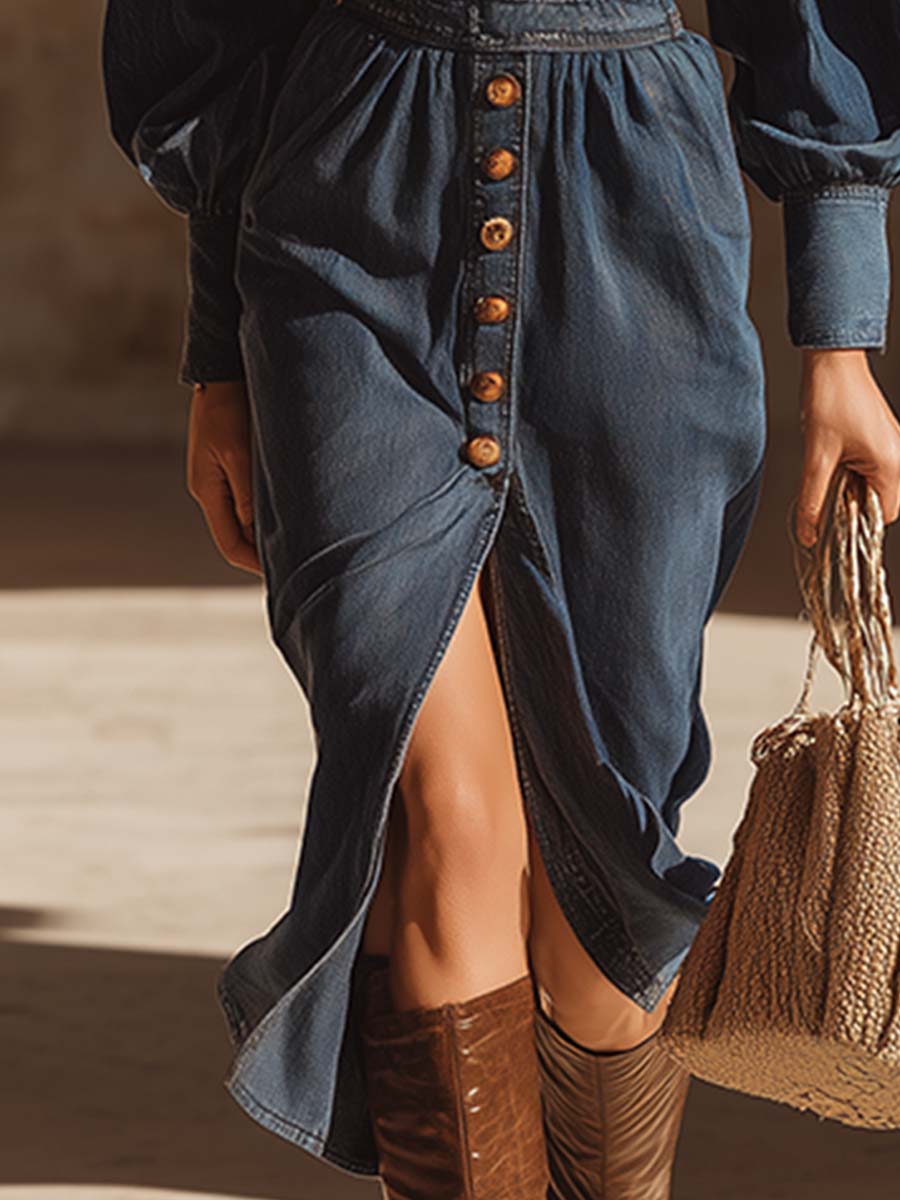 Robe Midi Vintage en Jean Bleu Foncé à Col V et Manches Longues