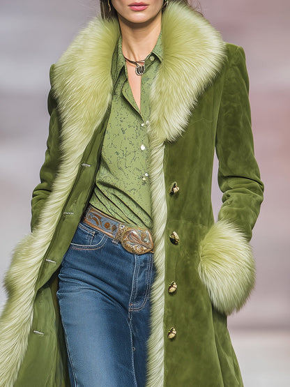Veste Longue en Velours Synthétique Vert avec Col en Fausse Fourrure au Style Vintage