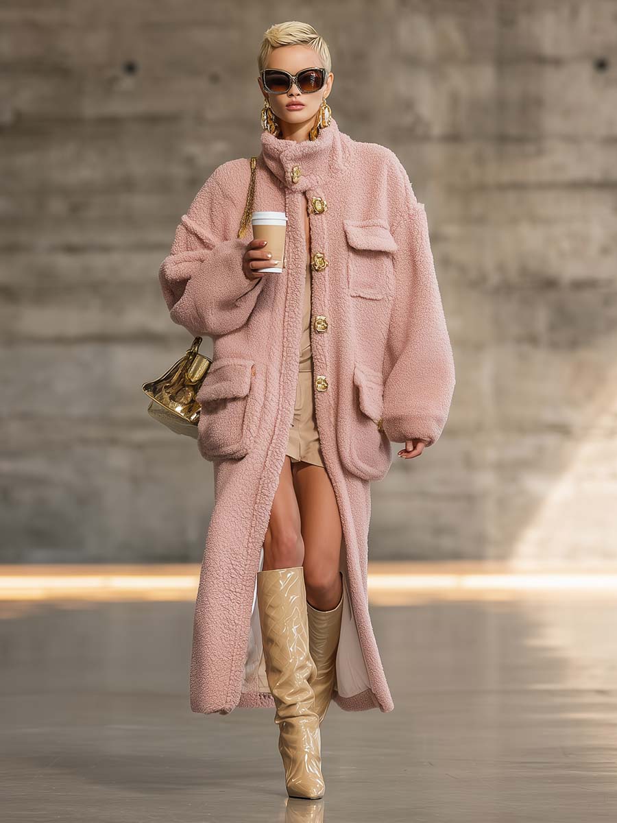 Exquis Manteau Vintage en Polaire Rose avec Boutons et Col Haut