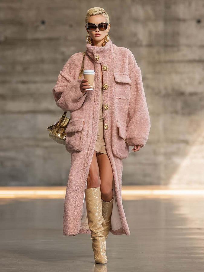 Exquis Manteau Vintage en Polaire Rose avec Boutons et Col Haut