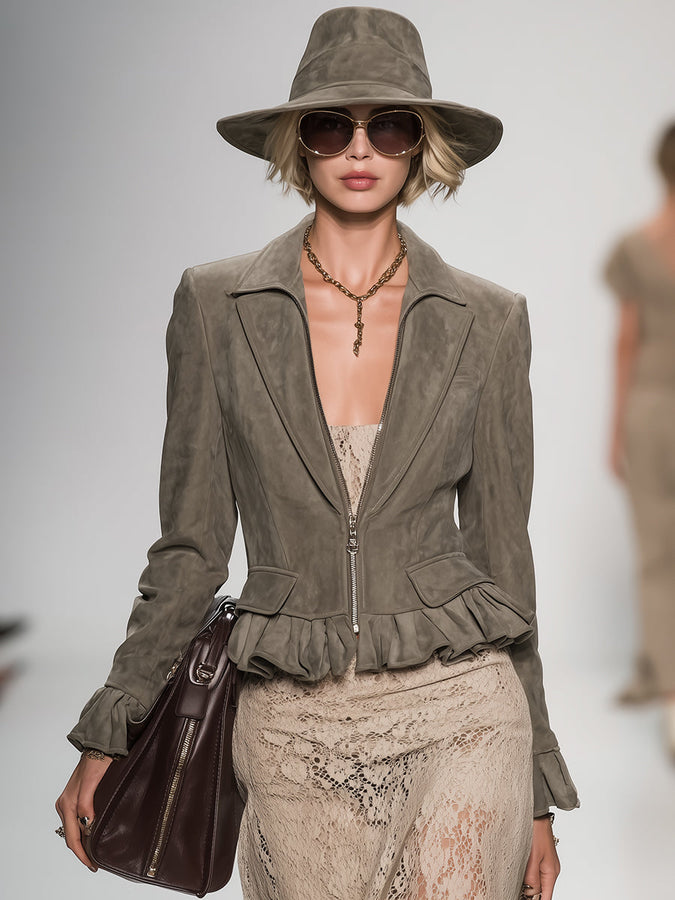 Veste grise zippée à col en revers et volants vintage chic