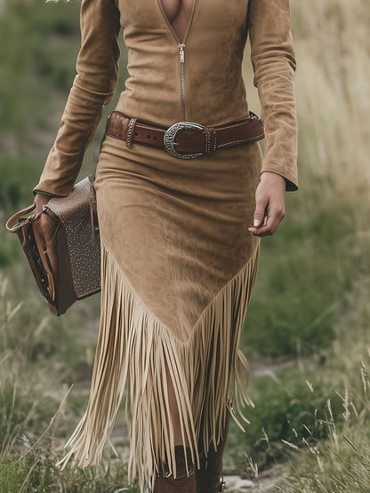 Robe Midi Western Rétro à Zip et Franges avec Col Revers