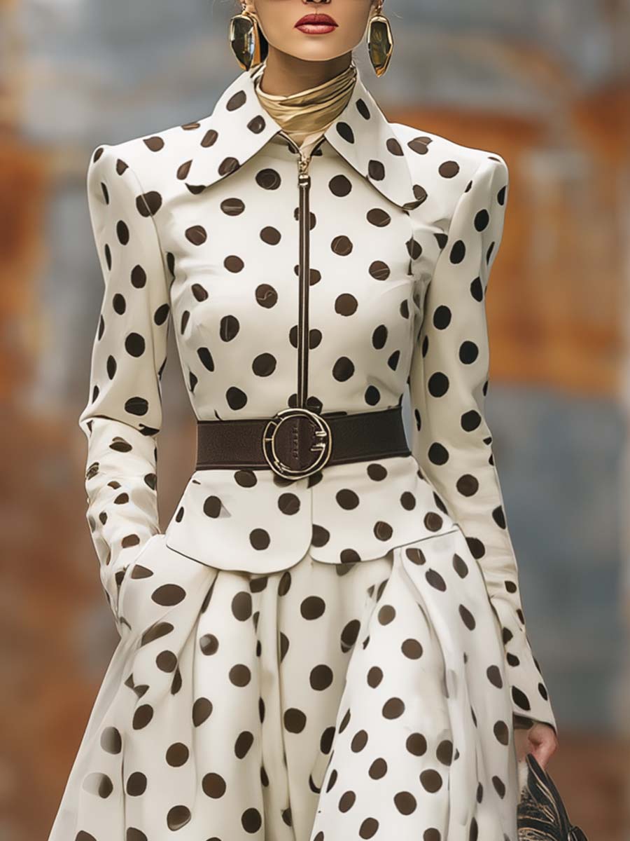 Veste Vintage à Pois Bruns avec Fermeture Éclair et Jupe à Ourlet Décontracté