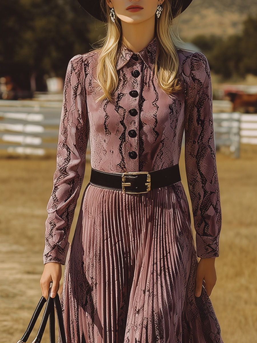 Robe Midi Plissée en Velours Violet à Motif Serpent - Style Rétro Nomade Western