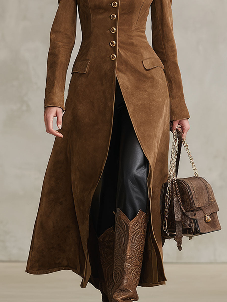 Veste en Faux Suède Style Western avec Col Revers et Boutonnage Simple