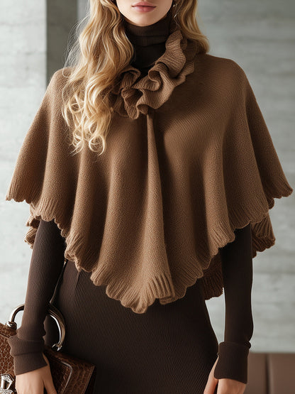 Cardigan Rétro à Volants avec Col Montant et Manches Longues - Ensemble Robe Tricotée