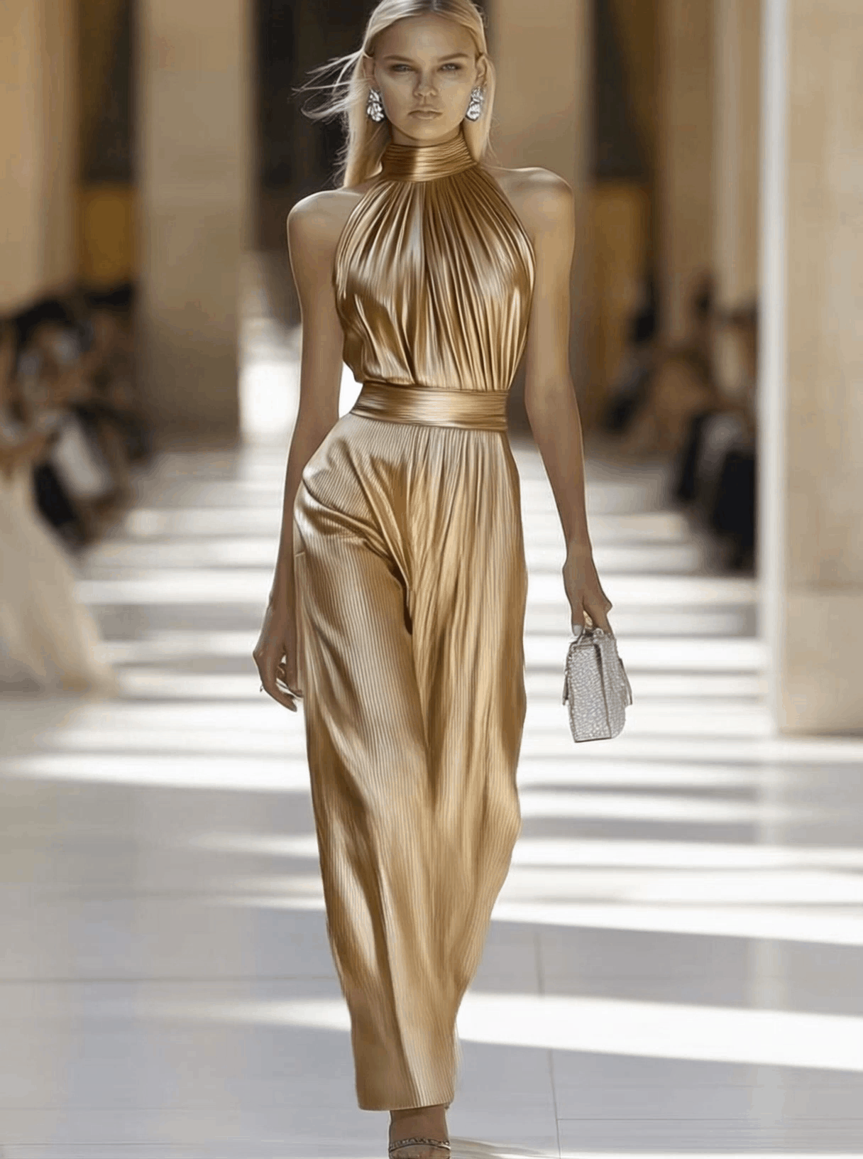 Jumpsuit Élégant en Doré Plissé - Col Montant Mi-Haut, Expédition Rapide en 24 Heures