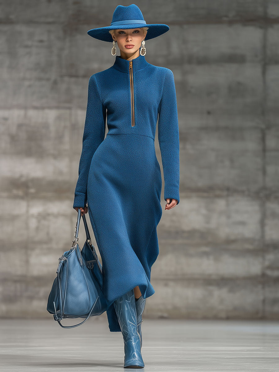 Robe Midi Zippée en Polaire Vintage - Élégance Décontractée en Bleu Foncé