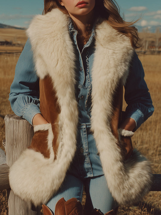 Veste Western en Suède Synthétique Marron avec Doublure en Fourrure de Lapin Écologique