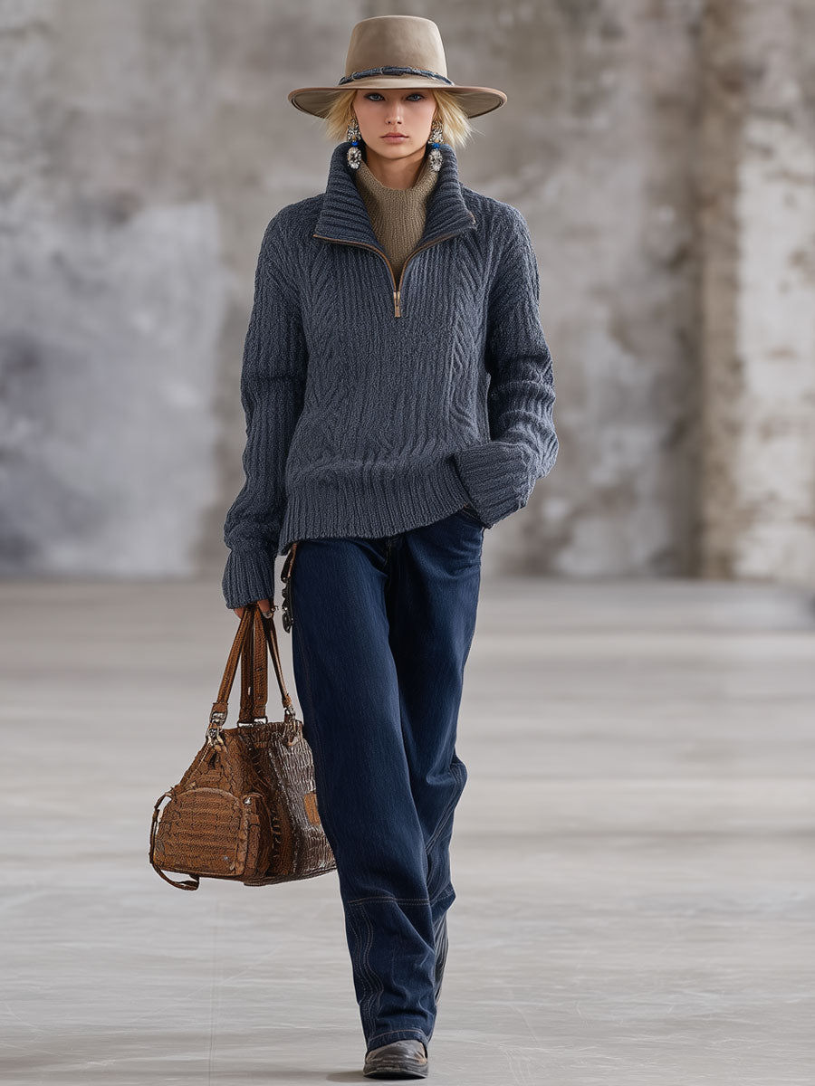 Pull mi-haut zippé en maille rétro gris-bleu