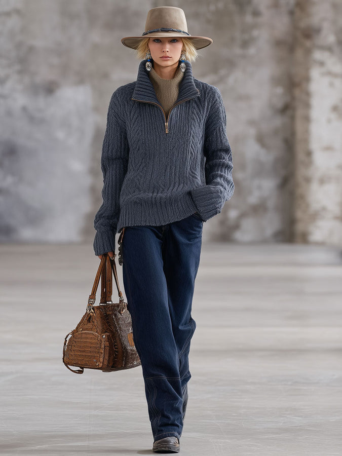 Pull rétro en tricot gris-bleu avec col demi-zip