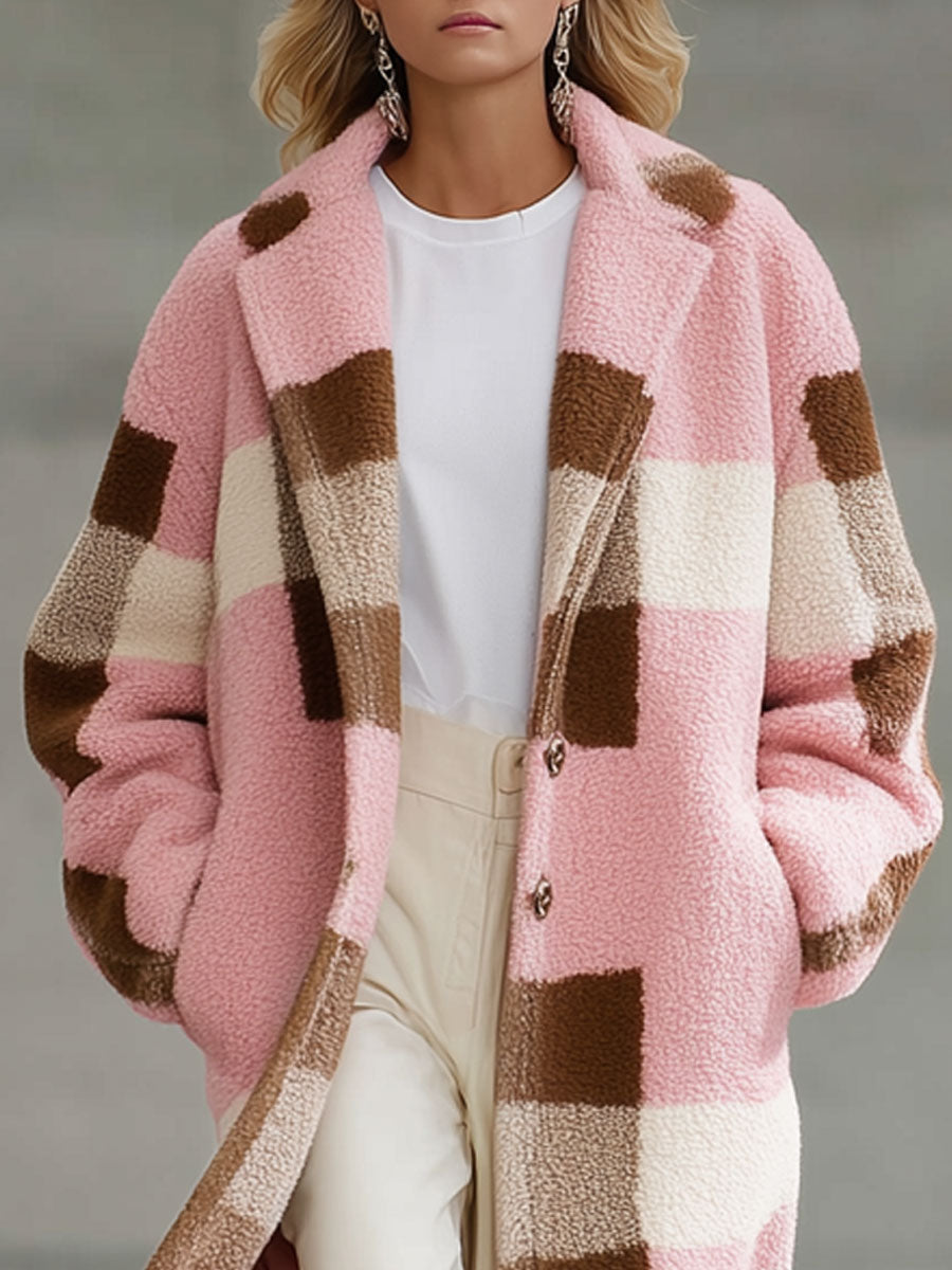 Veste en Polaire Rétro à Motif Carreaux Rose et Marron - Coupe Ample