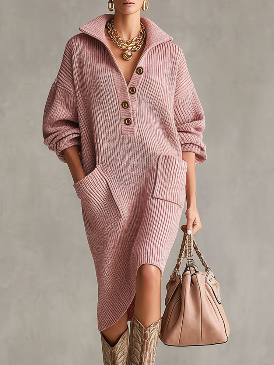 Robe Midi Tricotée à Col Montant, Demi-Ouvert et Poches Pratiques