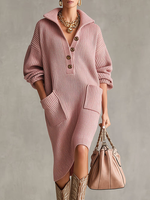Robe Midi Tricotée à Col Montant, Demi-Ouvert et Poches Pratiques