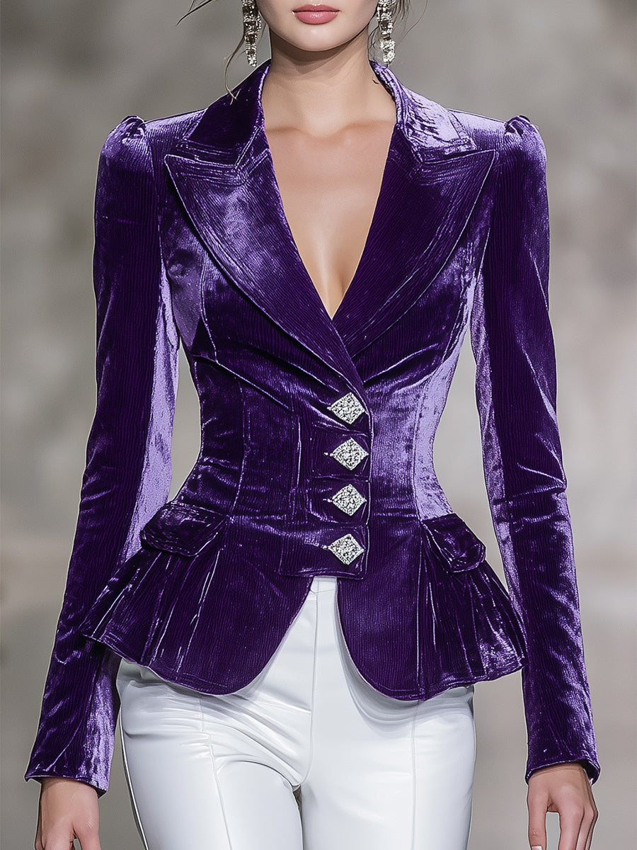 Élégant Blazer en Velours Violet Orné de Boutons Diamant