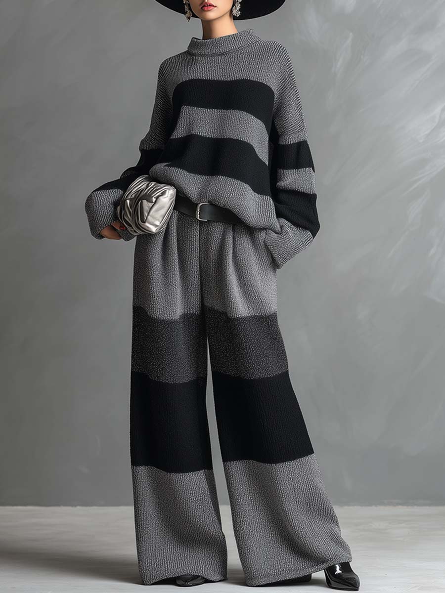 Ensemble Élégant en Tricot à Rayures Grises avec Pantalon Large - Confort et Style Assurés