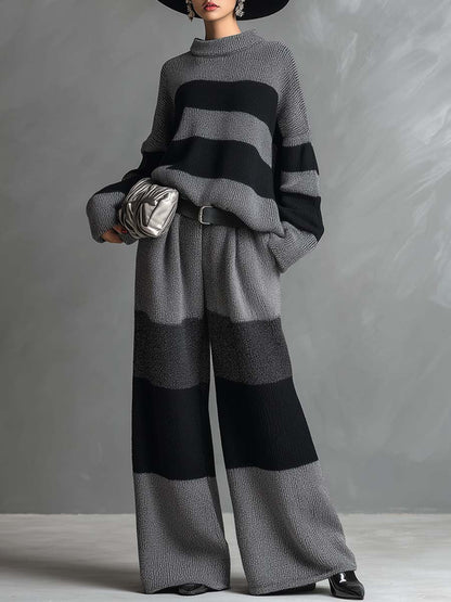 Ensemble Élégant en Tricot Rayé Gris avec Pantalon à Jambes Larges - Chic et Confortable