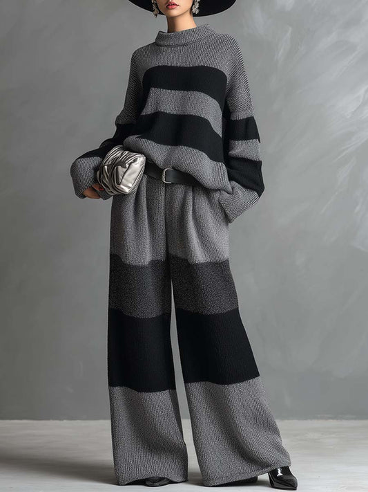 Ensemble Élégant en Tricot Rayé Gris avec Pantalon à Jambes Larges - Chic et Confortable