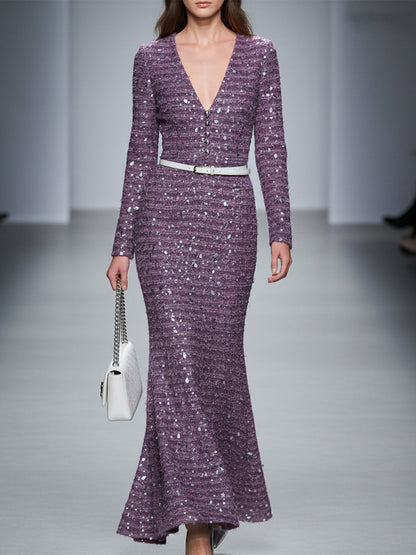Robe Maxi Fishtail Violet en Tweed avec Sequins et Décolleté en V Élégant