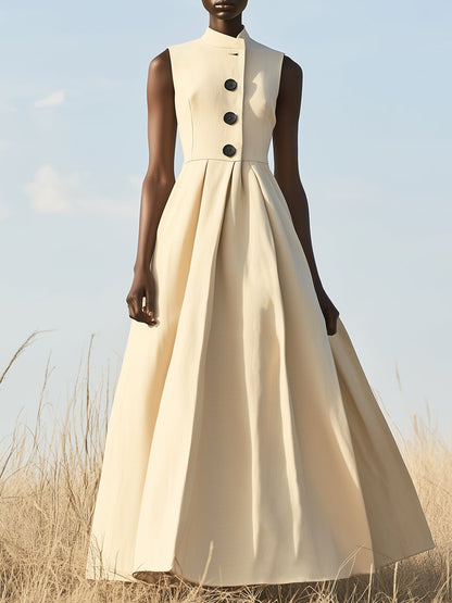 Robe Maxi Noire Élégante à Col Montant et Boutons - Expédition en 24 Heures