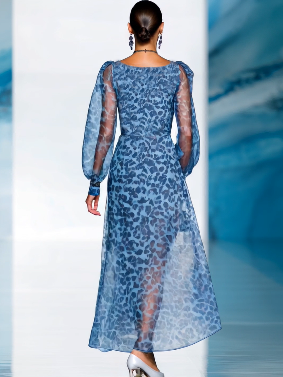 Robe Maxi Chiffon Bleu à Imprimé Léopard - Élégance et Style en 24 Heures, Manches Longues et Décolleté en V