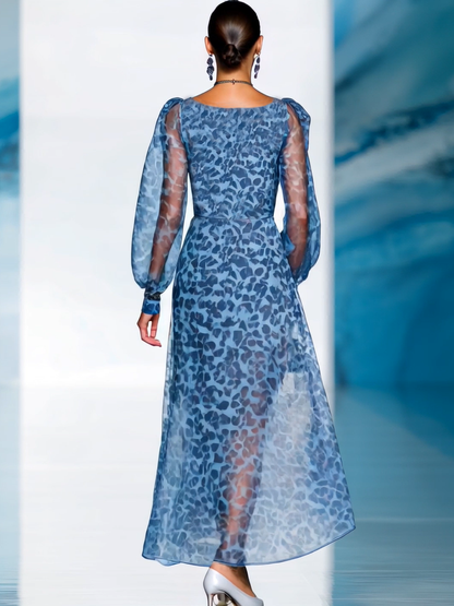 Robe Maxi Chiffon Bleu à Imprimé Léopard - Élégance et Style en 24 Heures, Manches Longues et Décolleté en V