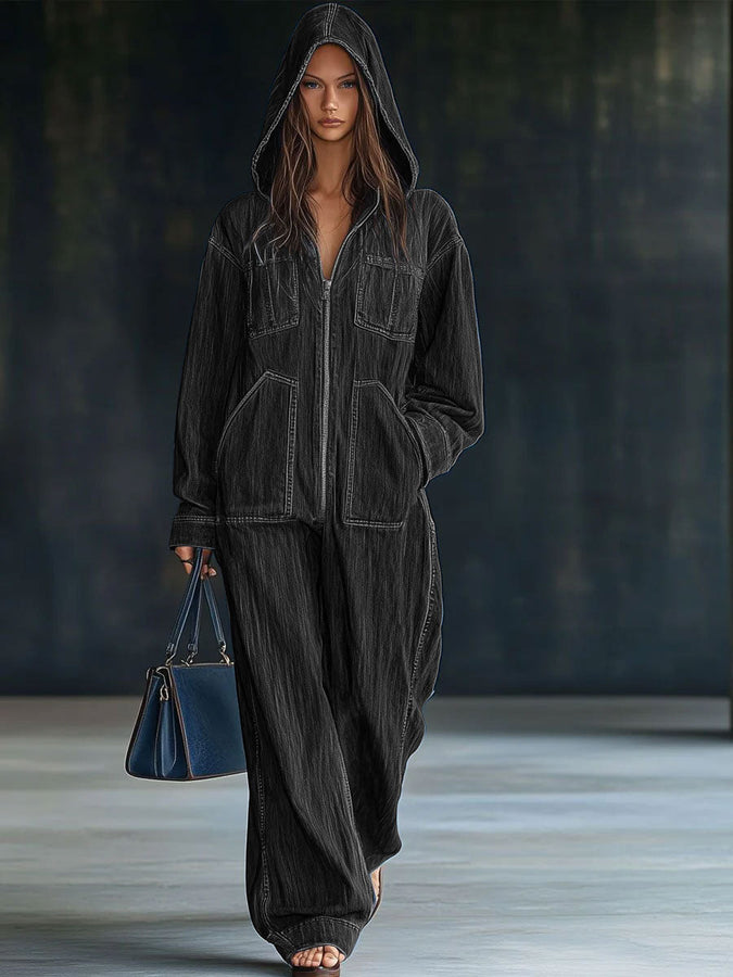 【Expédition Rapide en 24h】Combinaison en Denim à Capuche, Manches Longues, Style Décontracté avec Poches et Zip