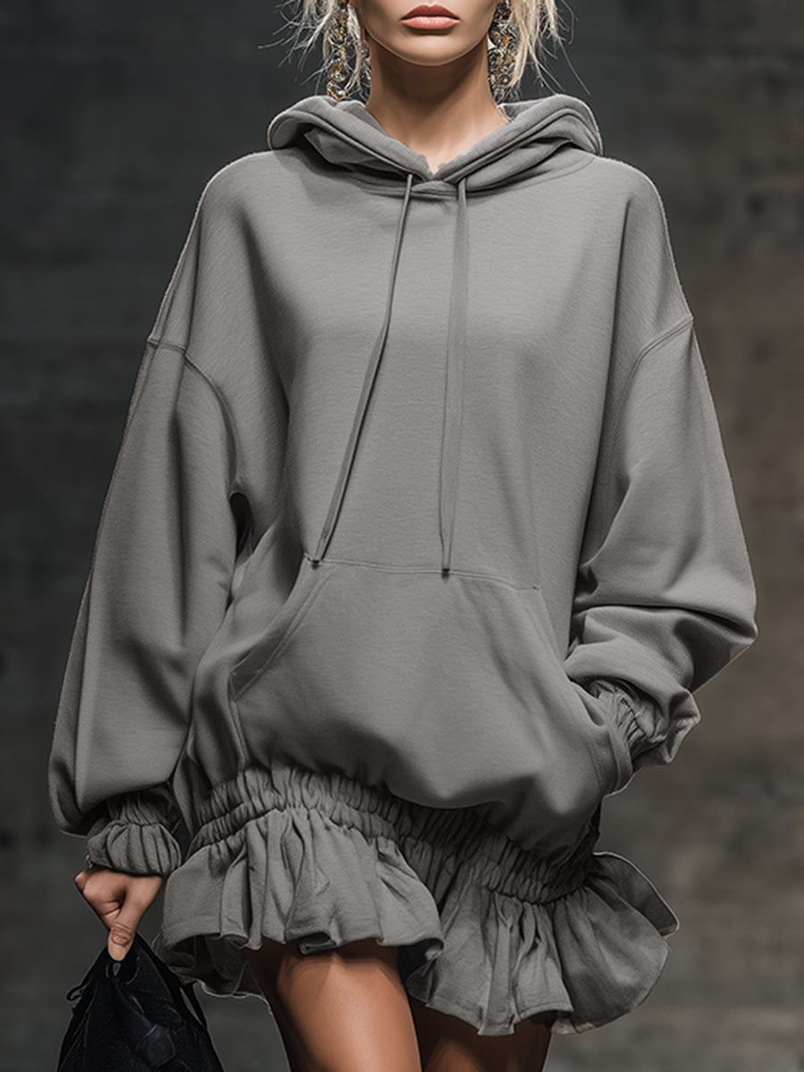 Robe Mini Sweat Grise à Capuche avec Ourlet Élastique - Style Décontracté et Tendance