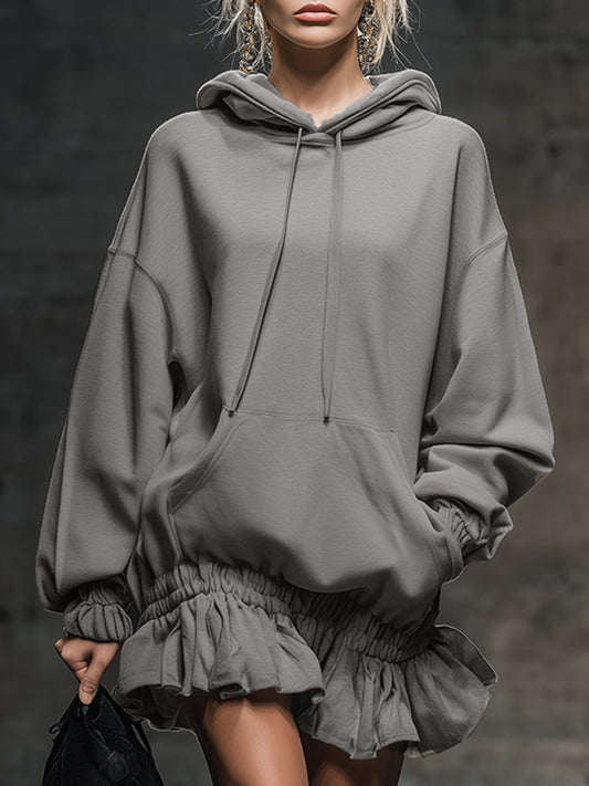 Robe Mini Sweat Grise à Capuche avec Ourlet Élastique - Style Décontracté et Tendance