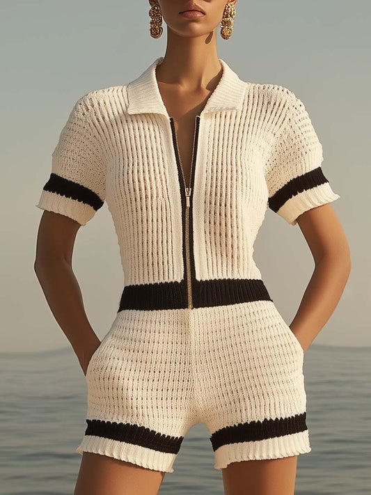 【Expédition rapide en 24 heures】Combinaison en tricot à manches courtes avec zip avant