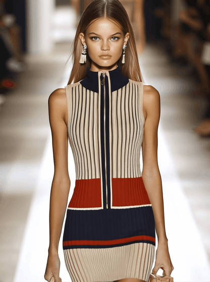Robe Mini Sans Manches en Tricot à Rayures Contrastées – Style Rétro Décontracté, Expédition Rapide en 24h