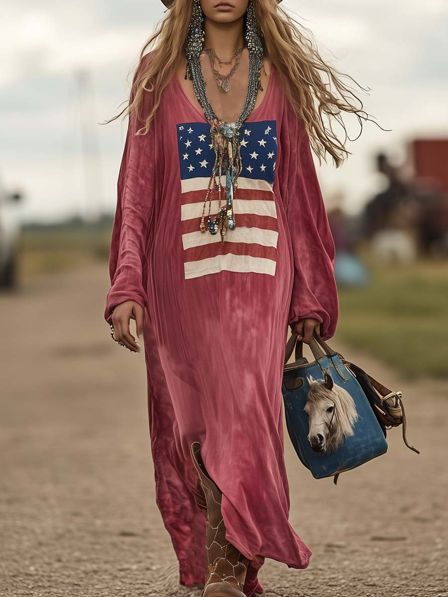 Robe Maxi en Coton Rose à Manches Longues - Imprimé Drapeau Vintage, Expédition Rapide en 24 Heures !