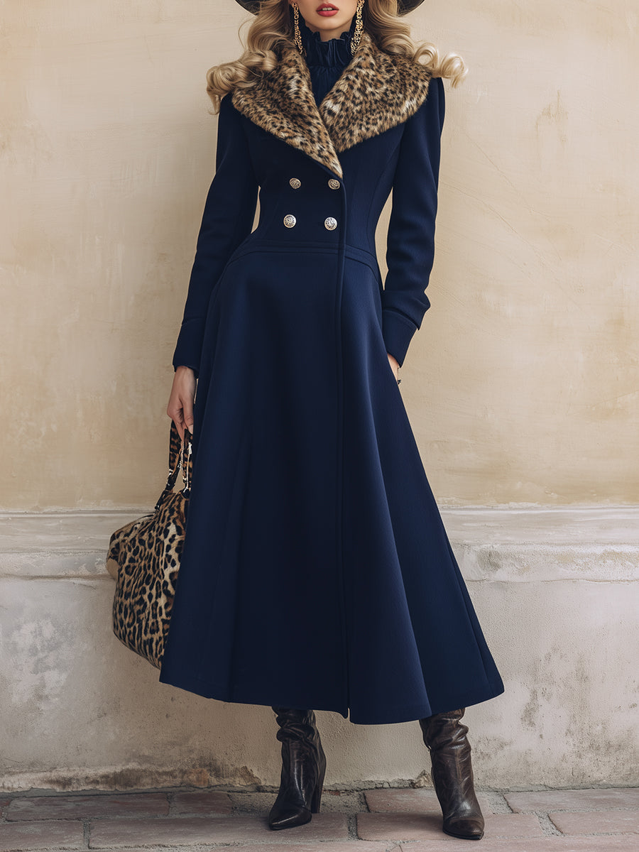 Veste en Laine Bleu Marine avec Col en Fausse Fourrure Imprimé Léopard : Élégance et Chic