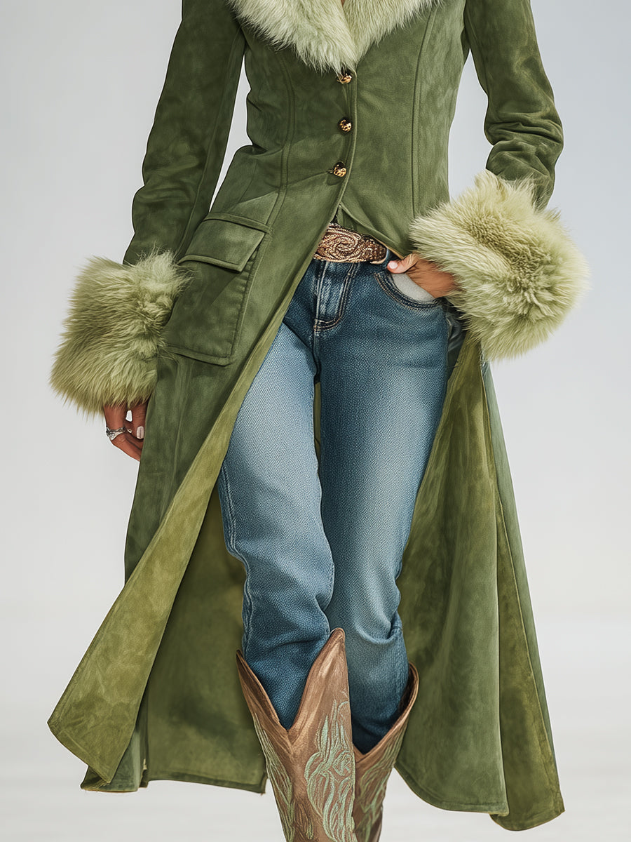 Veste Vintage en Suède Synthétique Verte avec Détails en Fausse Fourrure