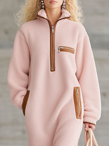 Robe Midi Polaire Rose avec Mi-Zip en PU Marron au Style Rétro Western