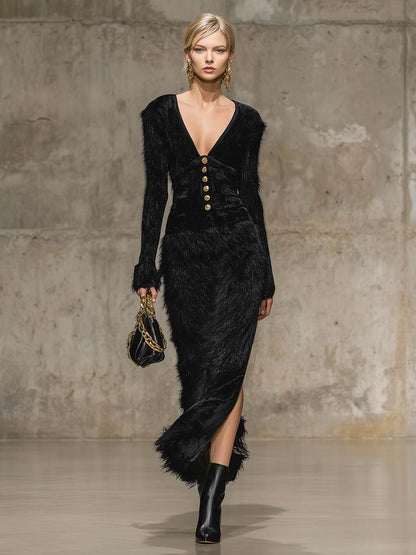 Robe Maxi Élégante en Velours Noir : Décolleté V Rétro avec Boucle Métallique et Ourlet en Fourrure Synthétique