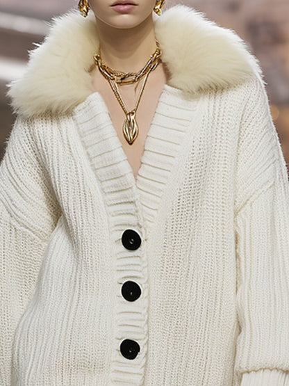 Mi-Long Cardigan Tricoté avec Col en Fausse Fourrure Luxueux