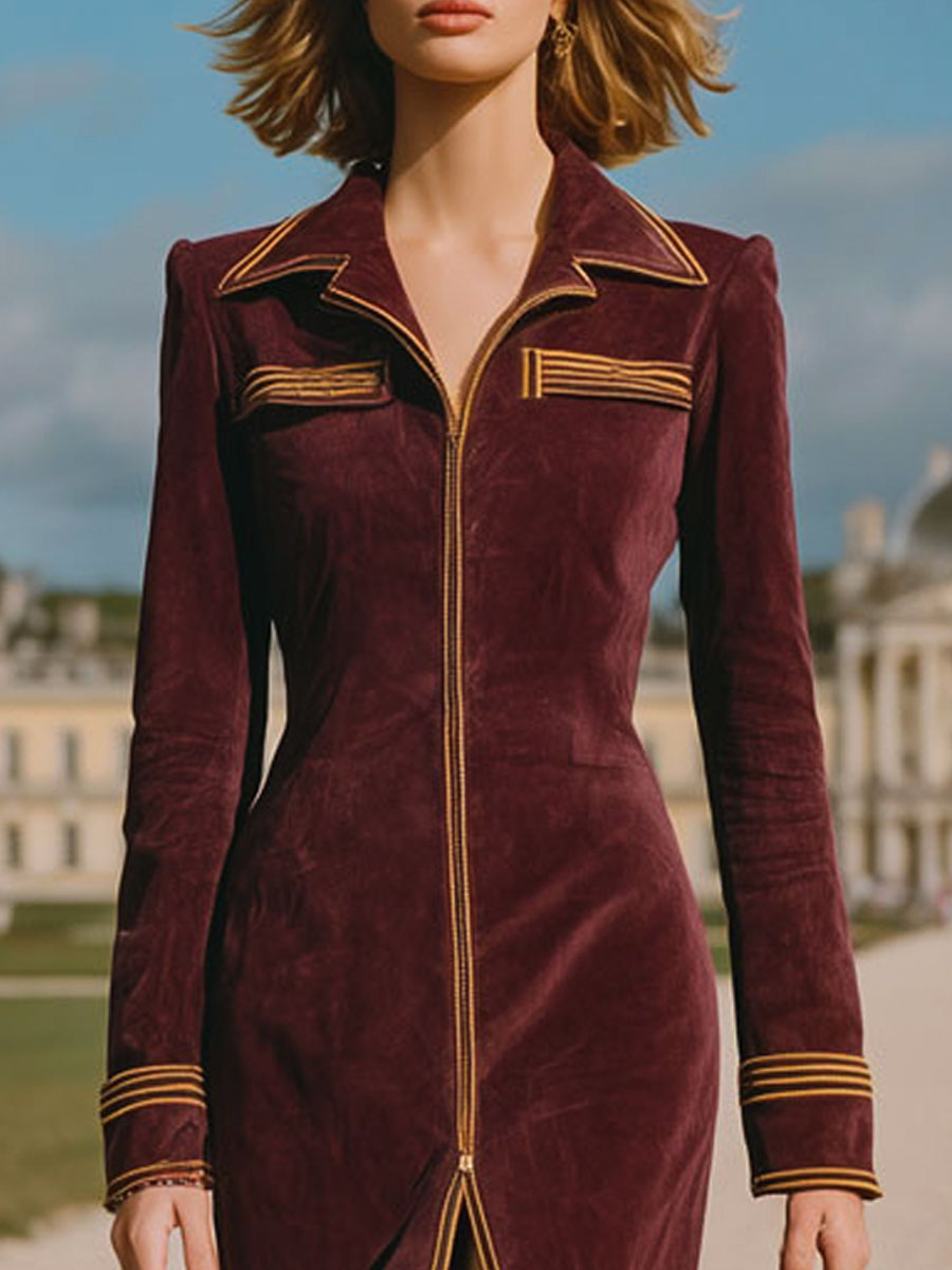 Robe Midi Bordeaux en Suédine avec Élégants Détails Dorés Rétro