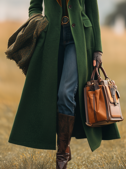 Chic Manteau Long en Laine avec Revers Contrasté - Style Rétro Élégant