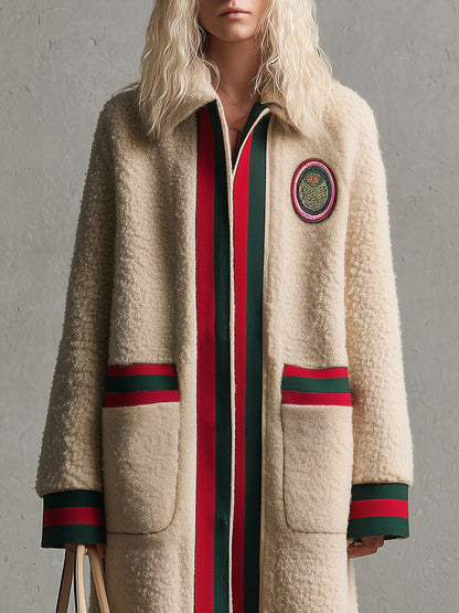 Élégant Manteau Beige en Fausse Laine de Mouton avec Col Chic