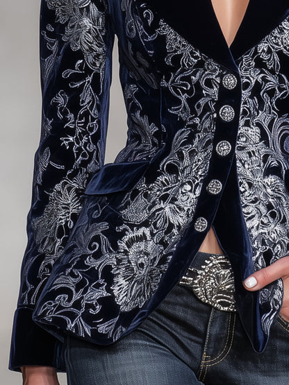 Veste en Velours Bleu Texturé avec Boutons Argentés