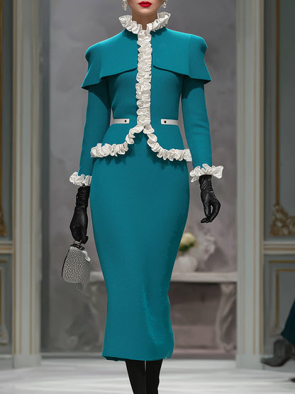 Ensemble Élégant : Veste et Jupe Froncée en Bleu Paon