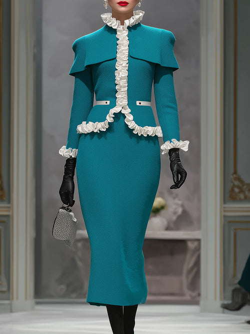 Ensemble Élégant : Veste et Jupe Froncée en Bleu Paon